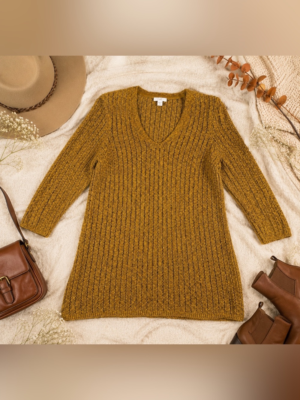 J.Jill  Tunic Sweater Textured Stitched Minimalist Mustard Yellow Sz Small